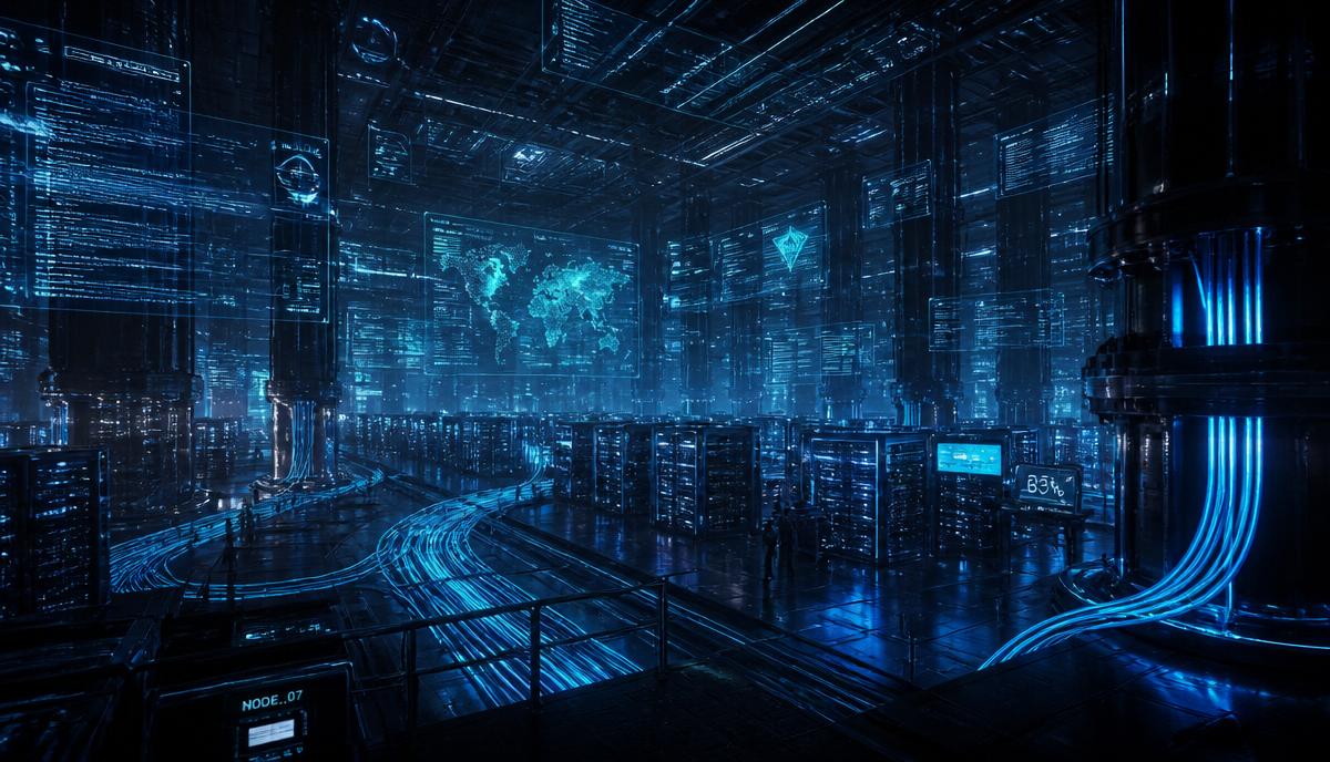 Neural Nexus — wide shot of a futuristic data center with glowing blue cables