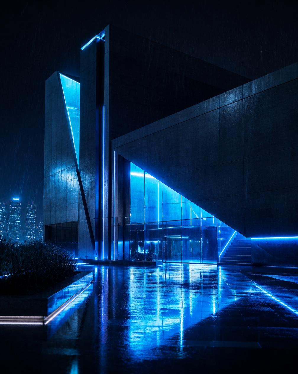 Obsidian Spire — futuristic geometric architectural render with blue neon lighting
