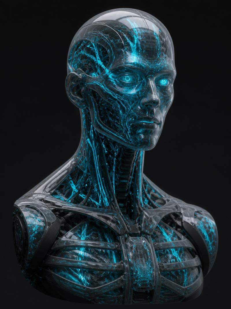 Synthetic Soul — detailed 3D bust of a robotic figure with glowing cyan wires